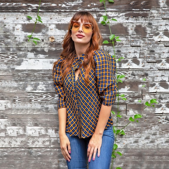 Eva Franco Anthropologie Textured Plaid Puff Sleeve Blouse Button up Shirt - Picture 3 of 8